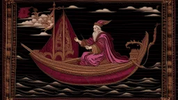 A dark magenta sorcerer jet designed in medieval tapestry painted by Michelangelo di Lodovico Buonarroti Simoni