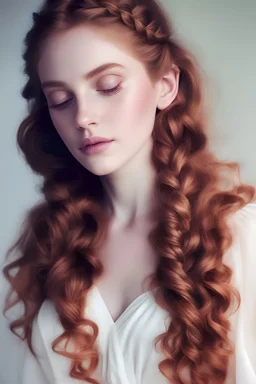 Realistic digital art, full body portrait, ethereal, mature, beautiful and attractive young goddess, cute nose, red hair and white hair, long wavy braided hair, full lips, sweet smile, light natural makeup, wearing a dark wrap dress, Nordic patterns, messy hair, malachite colored eyes, digital art, masterpiece, trending on artstation, volumetric lighting, triadic color