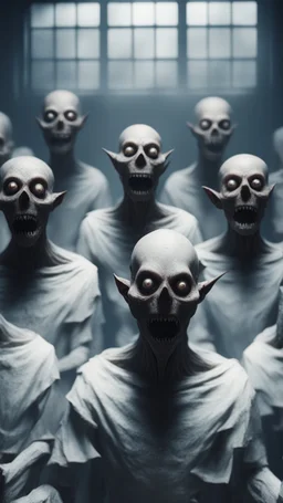 A demonic figure with a triangular body with long arms and creepy small eyes that is floating in a dark room