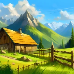 painting mountains, house, fence, sunny day