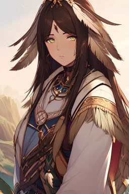 A highly detailed digital painting of lively fantasy anime women. eyes reflecting nature, close-up, highly detailed eyes, feathers, wilderness, native, brown hair, light green eyes