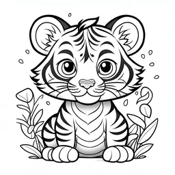 cute tiger, black and white, white background, clean lines, coloring page for kids