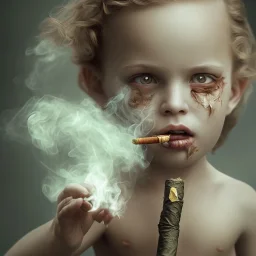 Close-up of a beautiful but angry child smoking a leaf cigarette, accurate and clear body parts of the child.