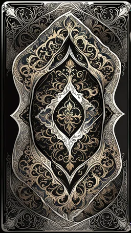 create a full color, ink wash and watercolor, ornate arabesque style bordered symmetric playing card template on a black background