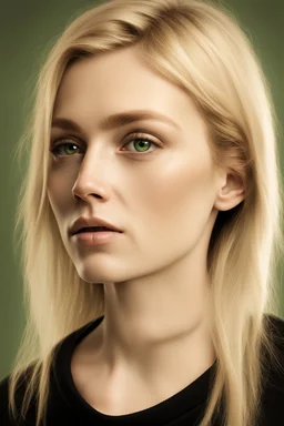 ultra realistic photograph of a very thin young woman with short blonde hair and green eyes wearing a loose black teeshirt