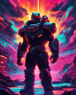Doom Guy immersed in a vibrant synthwave dreamscape, neon chaos swirling energetically around pixelated forms, a dynamic fusion of retro gaming nostalgia and futuristic abstraction