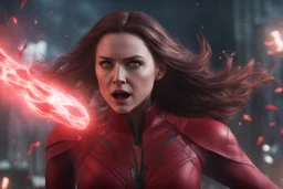 wanda maximoff com olhos vermelhos de magia, destruindo tudo, mulher ameaçadora, terror, 4k render, realista, cinematográfico