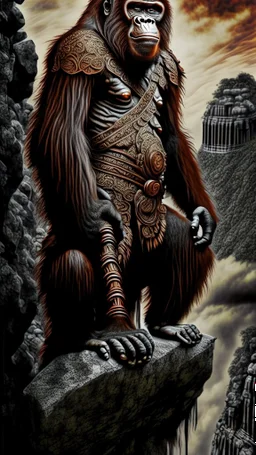 Orangutan Assassin Gothic symmetrical design standing on the edge of a cliff frontal view full body full arms full legs hyper-detailed hyper-realistic ink art full legs 8k