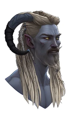 A tieffelin with blue skin and white Dreadlock hair. His pupil-less eyes are green. He wears a small beard.