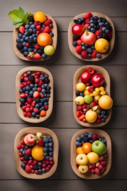 Set of summer fruits and berries in wooden serving.