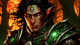 A realistic dark-haired elf with brilliant emerald green eyes, wearing studded leather armor adorned with silvery arcane symbols, and with an open flame dancing in his hand. The background is a dark and forbidding forest.