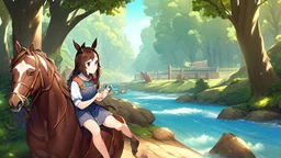 Girl, horse hoof foot, brown hair, horse hoof hand, forest, river, sit, small house