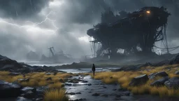 girl in Death Stranding: Timefall Storm: A landscape ravaged by timefall, where rain ages objects rapidly and creates bizarre and dangerous phenomena. with many details,