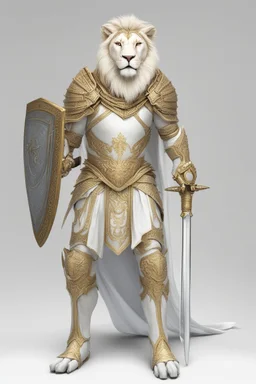 Lion man knight wearing white and gold armor, wearing a white and gold cape, holding a large sword and shield