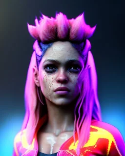 portrait, Shakira, blonde artist, angry, Realistic image, MMA robe, hoodie, mouthguard, nose, band aid, loose long hair, eyes make up, perfect, glow, circle iris. Rain, fog, Neon colors, leds. Dark background, photo studio, neon lights. concept art, smooth, unreal engine 5, god lights, ray tracing, RTX, lumen lighting, ultra detail, volumetric lighting, 3d, finely drawn, high definition, 4k.