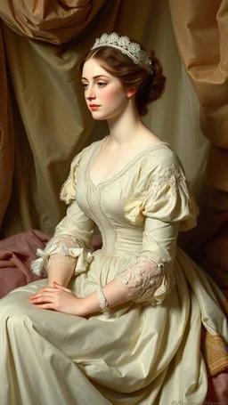 A serene 18th-century French woman, adorned in intricate lace and soft pastel hues, sits poised, as if lost in thought, amidst a backdrop of opulent fabrics, her delicate features and classic beauty masterfully rendered in the neoclassical style of Jacques-Louis David, with influences from Jean-Honoré Fragonard and François Boucher, evoking elegance and sophistication.