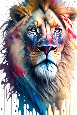 "lion", clean design, epic Instagram, art station, splash of colorful paint, contour, ((solid white background)), looking into camera, hyperdetailed intricately detailed, unreal engine, fantastical, cinema lighting, intricate detail, splash screen, complementary colors, fantasy concept art, 8k resolution, DeviantArt masterpiece, watercolor, paint dripping