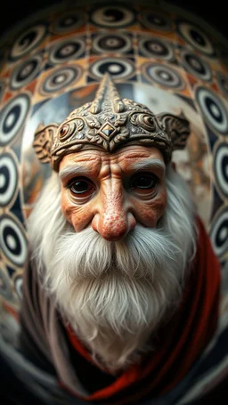 fish eye lense, pin hole cam, master oil painting by Rembrandt, realistic rendering Portrait of the Apkallu sage who were sent by the god Ea to teach civilization to humanity before the flood. They were depicted as half-human and half-fish or bird, and were associated with wisdom, magic, and culture. blurred tile yin yang pattern background, brightened edges to give a sense of depth