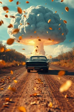 foreground with many falling leaves, behind is a nuclear explosion's mushroom cloud that looks more like a tree in fall, with explosion radiating outward, many leaves falling in foreground, ground is dirt and scorched with a road coming down the middle towards viewer, on the road facing towards below the viewer is a black 1962-63 Lincoln Continental with the roof down and a driving is a giant racoon, higher perspective, angelic fantastic lighting