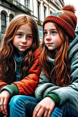 iki kız beraber sokakta oturuyorlar yaşları daha büyük liseliler daha renkli kızlardan birinin saçı kabarık diğerininki ise biraz uzun geniş açı ikisininde vücudu tam görünsün