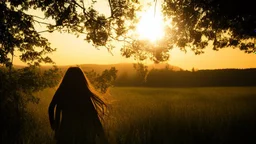 Silhouette of the head of a young lady with long flowing hair in a slight breeze. At sunset in Czech nature.