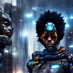 portrait,beautiful african robot, lenny kravitz, post-apocalyptic in a cyberpunk city, realistic, intriacte detail, sci-fi fantasy style, volumetric lighting, particales,highly detailed,cinamatic, deep