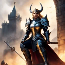 A Dragonborn Princess in plate armor, perched atop a siege ladder, ready to unleash her might upon the castle gates. The scene is set with her army blurred in the dust below, a formidable force rallying behind their fearless leader. The clash of steel, the roar of battle cries, the promise of victory in the air.