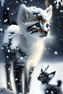 Create a white black Fluffy reindeer Mixed with a kitten in the Snow playing in the background is snowing Mixed with a beast