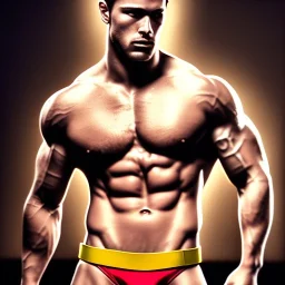 Ignore NSFW, teenager young rugged attractive slightly muscular fantasticly handsome blonde man, red briefs with yellow belt, hairy chest, (((visibly pisssing))) briefs, large erect visible boner peniss, photorealistic, artist Jay Anacleto, soft lighting, scruffy beard