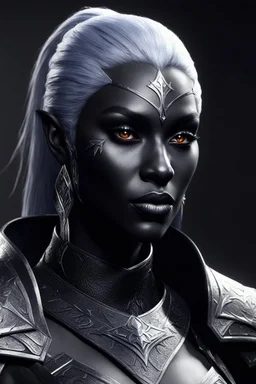 dnd character art of a drow warrior. high resolution cgi, 4k, ears, dark-charcoal-gray skin, unreal engine 6, high detail, cinematic.