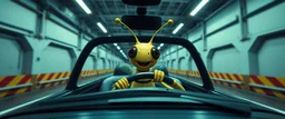 car driving happy 2d insect anime man in the style of Escher and Giger and Fallout 4, pinhole cam, airbrush 3d rendering, on tv screen:A five-second cinematic single take in a clean industrial presentation hall.