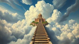 Legendary painting depicting an ascending staircase leading to a Roman-style temple and garden in the sky. Reath-taking view of a huge castle in the sky amidst dramatic storm clouds. The sky is a mix of deep blue and pale gray tones, creating a sense of depth and movement. The overall atmosphere conveys a sense of awe and the raw power of nature, with layers of clouds creating a dynamic and complex landscape.