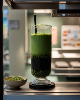 filling the frame we are looking into a tank filled with matcha green bubble tea, dark tapioca pearls along the bottom against the glass, ice floating at top, no fish, no outside of tank