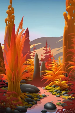 A whimsical landscape featuring a couple of small red suns in a light violet sky. In the foreground, a big hill is covered in bright red moss with several vibrant yellow ferns. At the top of the hill stands a massive tree with a light gray trunk and bright orange leaves. A teenage boy with messy black hair and green eyes sits leaning against the trunk in a pensive posture, dressed in brown clothing. A huge, dark blue tiger with green stripes sits behind the tree.