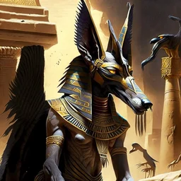 A scene from Egyptian mythology. The jackal god Anubis. He has the body of a human and the head of a hawk.