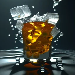 glass of strange liquid with ice cubes, raytraced, volumetric fog