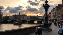 UK oxford street over times river Merlin ,show dancing for few viewers,ships in river, cloudy sky,sunset