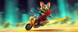 hi speed rocket ship on leaning scooter in a swing, coated rat gremlin captain in high speed pursuit among neon rat cyber soldiers, with background motion blur, airbrush and pen outline