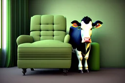 A cow sitting on an armchair in large dark green field , soft colors. Photorealistic