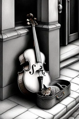 One single mature homeless cat sleeping in a corner on the street, violin case, Vienna, mourning, model style, hyper realistic, extremely accurate, delicate, extremely detailed, Graphic novel style, wide-angle, open aperture, superfine pencil