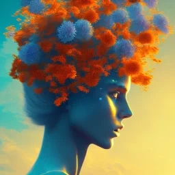 silhouette, monde en fleurs, concept art, crépuscule , bleu oranger, vibrant Color, réaliste