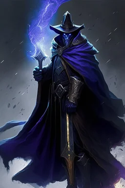 Thanos is the god of power and evil The commander wears a black cloak and a long coat with long combat boots and a long spear with a hat under his cloak with blue flame eyes, a sword like a spear