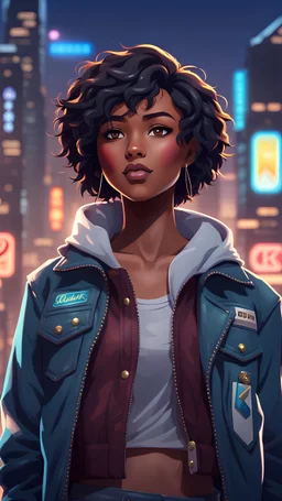 twenty year old black girl with short hairs, with a jacket and rock clothes style, full size, best quality, digital painting, 4k, sharp focus, intricate texture, skin imperfections, blank background. , interactive novel style,bokeh, professional, anime clean drawing,Your Name, 4k, highly detailed, clear lighting,