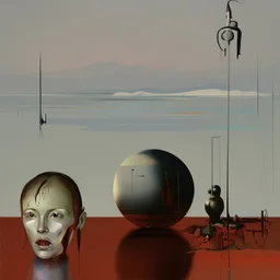 dusk landscape with lake,boat and human body, universe-like Soap Bubble,complex surgical instruments mixed with human body-like musical instruments,minimalism,Painting By Adrian Ghenie, Rene Magritte, Salvador Dali, Lucian Freud