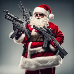 Santa Claus with automatic weapons.