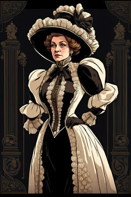 warm but stern aunty victorian era, posh british accent influenced, high born facial features dnd character on a solid black background, full body image, high quality realistic.