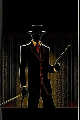 A shadow man standing behind the movie theater, his face is black, with light red eyes and sharp teeth, he is wearing a formal suit and a black hat, and he is holding a golden cane.