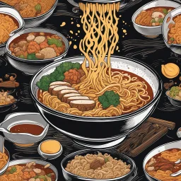 ultra realistic dramatic advertising picture of sizzling bowl of ramen, black background, splash art, maximal detailed dramatic steam, shot by high def camera cannon lens, stunning brilliant.