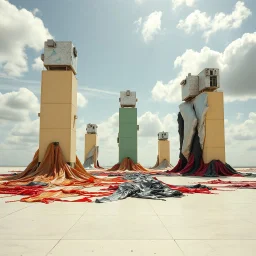 Fotografia di una superficie piatta di colore beige, azzurro chiaro, verde chiaro e giallo pastello, su cui si ergono immense strutture di forma indefinita, fatte di materiali vari, ricoperte da materiale plastico argentato, rosso, e nero, che scende a terra, Basquiat, Max Ernst, Audubon, Piet Mondrian, paranoic, obsessive, nightmare, aria aperta, sole, nuvole, glossy, surreal, hasselblad h6d400c --ar 85:128 --v 6.