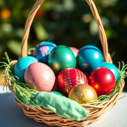digital photograph of off-center modern basket colorful Easter eggs. eggs display intricate textures in azure, emerald, blush, crimson, sapphire, and gilded metallic hues. cinematic HDR backlighting highlights subtle dimples and glossy reflections, with shallow depth of field softening the sunlit background. hyperrealistic 8k resolution,